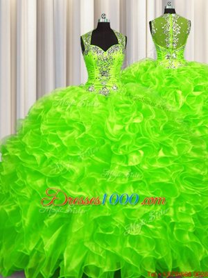 Pick Ups Zipper Up See Through Back Ball Gowns Organza Sweetheart Sleeveless Beading With Train Zipper Vestidos de Quinceanera Brush Train