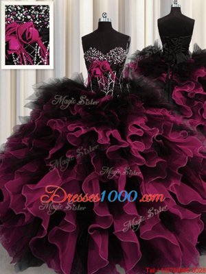 Beading and Ruffles Quince Ball Gowns Red And Black Lace Up Sleeveless Floor Length