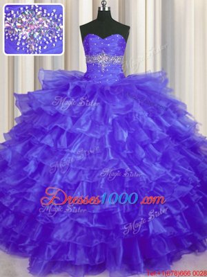 Shining Purple Sweet 16 Dresses Military Ball and Sweet 16 and Quinceanera and For with Beading and Ruffled Layers Sweetheart Sleeveless Lace Up