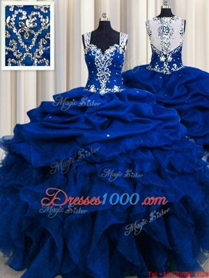Zipple Up See Through Back Royal Blue Zipper Straps Beading and Ruffles and Sequins and Pick Ups Quince Ball Gowns Organza Sleeveless