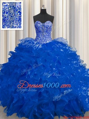 See Through Royal Blue Lace Up Ball Gown Prom Dress Beading and Ruffles Sleeveless Floor Length