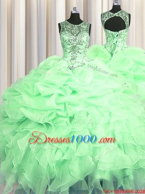 Most Popular Scoop See Through Apple Green Sleeveless Floor Length Beading and Ruffles and Pick Ups Lace Up Quinceanera Gown