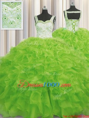 Yellow Green Ball Gowns Organza Straps Sleeveless Beading and Ruffles Floor Length Lace Up Quince Ball Gowns