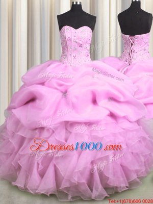 Visible Boning Lilac Sleeveless Floor Length Beading and Ruffles and Pick Ups Lace Up Sweet 16 Quinceanera Dress