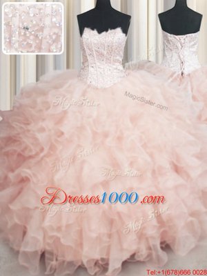 Visible Boning Floor Length Peach Quinceanera Gowns Scalloped Sleeveless Lace Up