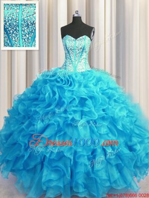 Visible Boning Bling-bling Baby Blue Ball Gowns Organza Sweetheart Sleeveless Beading and Ruffles Floor Length Lace Up Quinceanera Dress