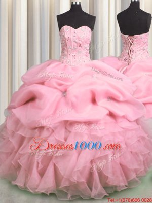 Visible Boning Floor Length Rose Pink Quinceanera Gown Organza Sleeveless Beading and Ruffles and Pick Ups