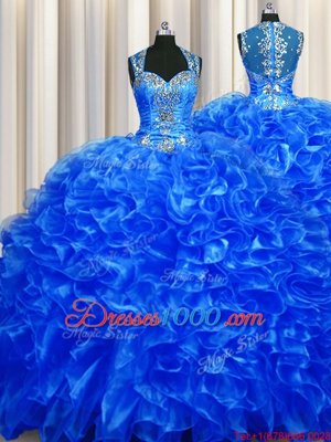Zipper Up See Through Back Straps Sleeveless Organza Quinceanera Gown Beading and Ruffles Sweep Train Zipper