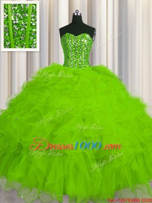 Visible Boning Ball Gowns Sweetheart Sleeveless Tulle Floor Length Lace Up Beading and Ruffles and Sequins 15th Birthday Dress
