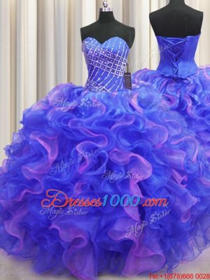 Custom Made Floor Length Lace Up Quince Ball Gowns Multi-color and In for Military Ball and Sweet 16 and Quinceanera with Beading and Ruffles