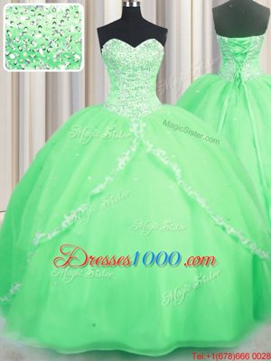 Latest Sleeveless Brush Train Lace Up With Train Beading and Appliques Ball Gown Prom Dress