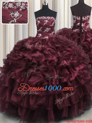 Wine Red Strapless Lace Up Appliques and Ruffles and Ruffled Layers 15th Birthday Dress Sleeveless