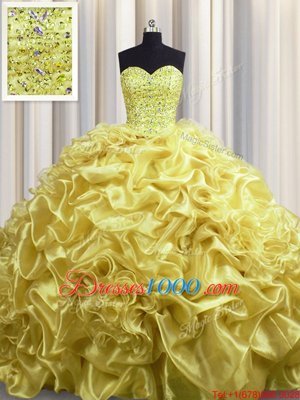 Fabulous Gold Ball Gowns Sweetheart Sleeveless Organza With Train Court Train Lace Up Beading and Pick Ups Sweet 16 Quinceanera Dress