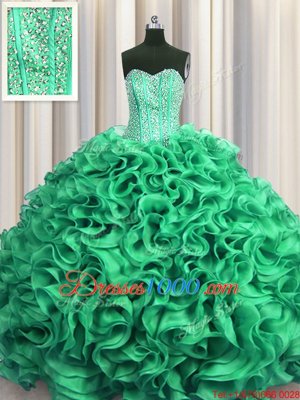 Clearance Two Tone Visible Boning Organza Sweetheart Sleeveless Lace Up Beading and Ruffles Quince Ball Gowns in Multi-color