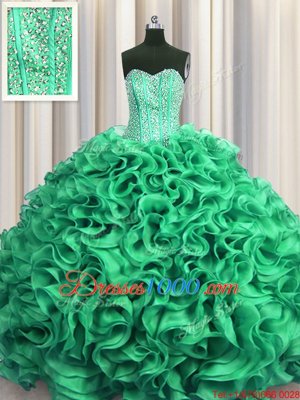 Clearance Two Tone Visible Boning Organza Sweetheart Sleeveless Lace Up Beading and Ruffles Quince Ball Gowns in Multi-color