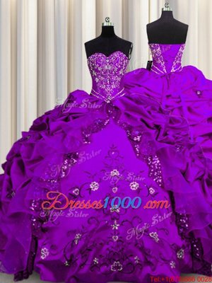 Artistic Sequins Purple Sweetheart Neckline Beading and Embroidery and Ruffles Sweet 16 Dress Sleeveless Lace Up