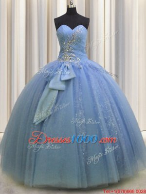 Cute Floor Length Light Blue Quinceanera Gown Tulle Sleeveless Beading and Sequins and Bowknot