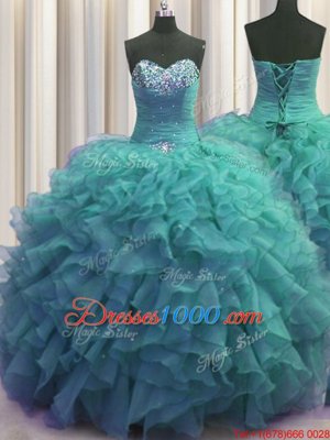 Exceptional Beaded Bust Turquoise Sleeveless Beading and Ruffles Floor Length Ball Gown Prom Dress