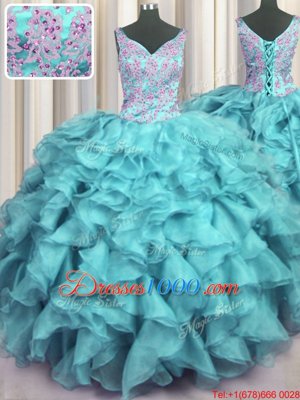 Ruffled V Neck Sleeveless Floor Length Appliques and Ruffles Lace Up Vestidos de Quinceanera with Aqua Blue