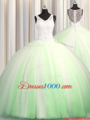 Glamorous See Through Zipple Up V-neck Sleeveless Tulle 15th Birthday Dress Beading and Appliques Brush Train Zipper