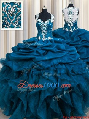 Zipple Up See Through Back Teal Ball Gowns Organza Straps Sleeveless Beading and Ruffles and Sequins and Pick Ups Floor Length Zipper Quinceanera Gowns