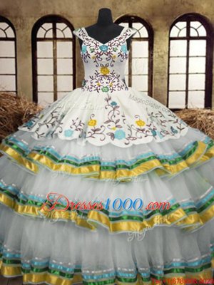 Hot Sale Multi-color A-line Organza V-neck Sleeveless Embroidery and Ruffled Layers Floor Length Lace Up Sweet 16 Dresses