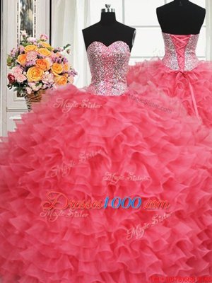 Charming Beaded Bodice Coral Red Quinceanera Dress Military Ball and Sweet 16 and Quinceanera and For with Beading and Ruffles Sweetheart Sleeveless Lace Up
