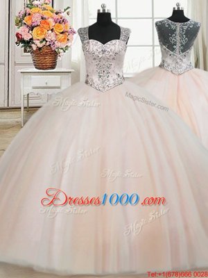 Fancy See Through Back Zipper Up Peach Straps Neckline Beading Quinceanera Gowns Cap Sleeves Zipper