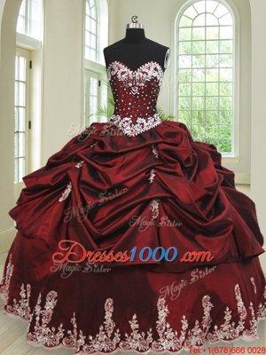 Latest Pick Ups Ball Gowns Quinceanera Gown Wine Red Sweetheart Taffeta Sleeveless Floor Length Lace Up