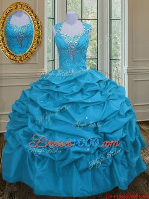 Sophisticated Pick Ups Ball Gowns Quinceanera Dresses Aqua Blue Straps Taffeta Sleeveless Floor Length Lace Up