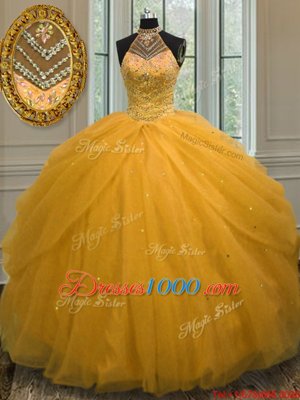 Suitable Halter Top Gold Sleeveless Beading Floor Length Vestidos de Quinceanera