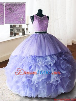 Lavender Ball Gowns Organza and Tulle and Lace Scoop Sleeveless Beading and Lace and Ruffles With Train Zipper Quince Ball Gowns Brush Train