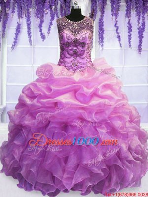 Fine Scoop Sleeveless Quince Ball Gowns Floor Length Beading and Pick Ups Lilac Organza