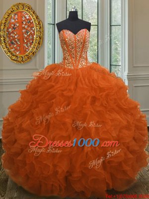 Graceful Orange Red Quince Ball Gowns Military Ball and Sweet 16 and Quinceanera and For with Beading and Ruffles Sweetheart Sleeveless Lace Up