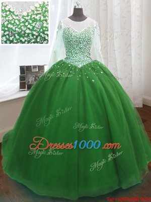 Scoop Long Sleeves Sweep Train Beading and Sequins Lace Up Quinceanera Dress