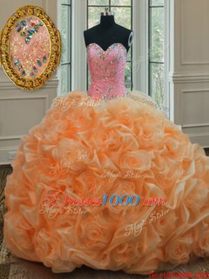 Orange Organza Lace Up Sweet 16 Dress Sleeveless Floor Length Beading