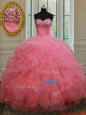 Organza Sweetheart Sleeveless Lace Up Beading and Ruffles Quinceanera Gown in Rose Pink