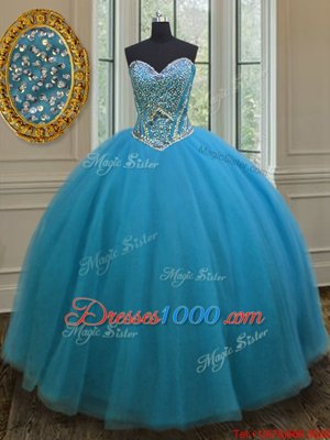 Clearance Teal Sleeveless Tulle Lace Up Sweet 16 Dresses for Military Ball and Sweet 16 and Quinceanera