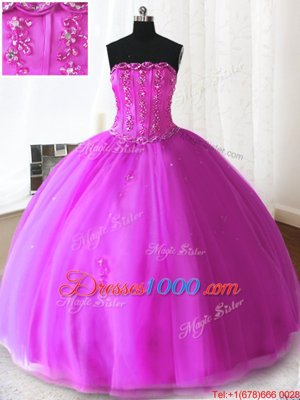 Fuchsia Strapless Lace Up Beading and Appliques Sweet 16 Quinceanera Dress Sleeveless