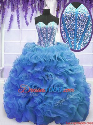 Low Price Sleeveless Beading and Ruffles Lace Up Quinceanera Dresses with Baby Blue Sweep Train