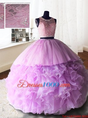 Sophisticated Lilac Organza and Tulle and Lace Zipper Scoop Sleeveless With Train Quinceanera Dresses Brush Train Beading and Lace and Ruffles