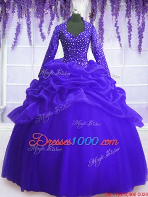 Exceptional Royal Blue V-neck Neckline Sequins and Pick Ups 15 Quinceanera Dress Long Sleeves Zipper