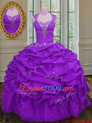 Straps Straps Beading and Pick Ups Quinceanera Dress Purple Lace Up Sleeveless Floor Length