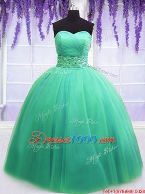 Turquoise Ball Gowns Sweetheart Sleeveless Tulle Floor Length Lace Up Beading and Belt Ball Gown Prom Dress