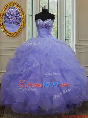 Lavender Ball Gowns Organza Sweetheart Sleeveless Beading and Ruffles Floor Length Lace Up Quinceanera Gown