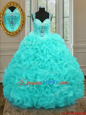 Chic Straps Straps Aqua Blue Sleeveless Beading and Ruffles Floor Length Sweet 16 Quinceanera Dress