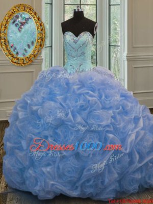 Baby Blue Organza Lace Up Sweetheart Sleeveless Floor Length 15th Birthday Dress Beading