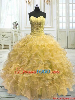 Custom Design Floor Length Lace Up Sweet 16 Dress Light Yellow and In for Military Ball and Sweet 16 and Quinceanera with Beading and Ruffles