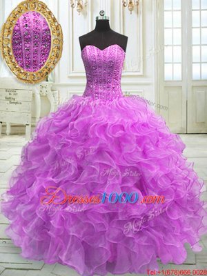 Discount Lilac Sweetheart Lace Up Beading and Ruffles Ball Gown Prom Dress Sleeveless