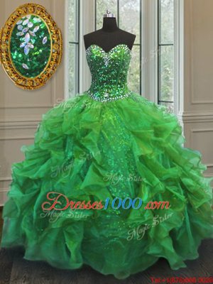 Best Ball Gowns Beading and Ruffles Vestidos de Quinceanera Lace Up Organza and Sequined Sleeveless Floor Length